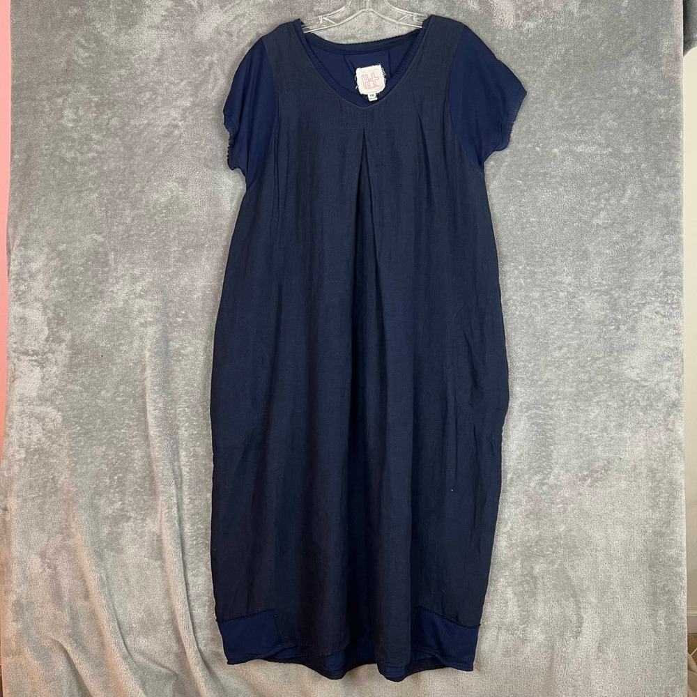 Hannoh Wessel Dallas Voile Check Dress Womens 40 100% Linen Navy Italy